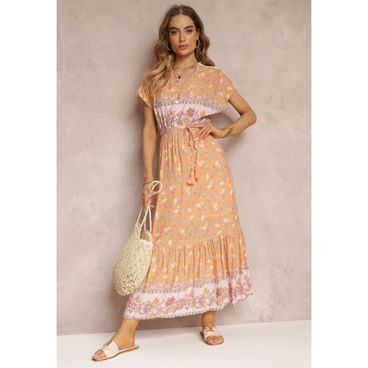Pomarańczowo-Różowa Rozkloszowana Sukienka Maxi z Gumkami w Pasie z Bawełny Besie ze sklepu Renee odzież w kategorii Sukienki - zdjęcie 157108587
