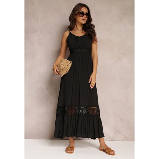 Czarna Rozkloszowana Sukienka Maxi z Falbanką i Koronką Luluma ze sklepu Renee odzież w kategorii Sukienki - zdjęcie 157108717