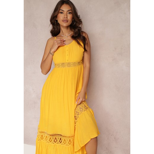 Żółta Rozkloszowana Sukienka Maxi z Falbanką i Koronką Luluma ze sklepu Renee odzież w kategorii Sukienki - zdjęcie 157108737