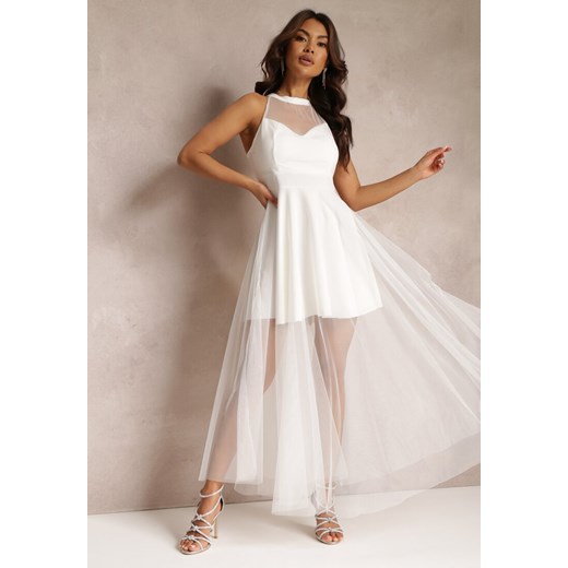 Biała Sukienka Maxi z Tiulowego Materiału z Rozkloszowanym Dołem i Usztywnionymi Miseczkami Jarissa ze sklepu Renee odzież w kategorii Sukienki - zdjęcie 157108767