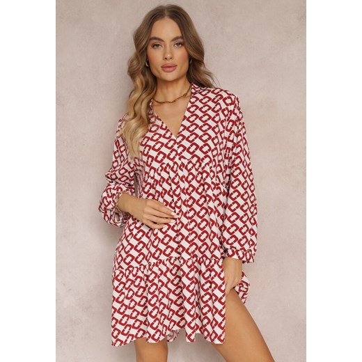 Biało-Czerwona Rozkloszowana Sukienka z Głębokim Dekoltem i Geometrycznym Wzorem Charene ze sklepu Renee odzież w kategorii Sukienki - zdjęcie 157109037