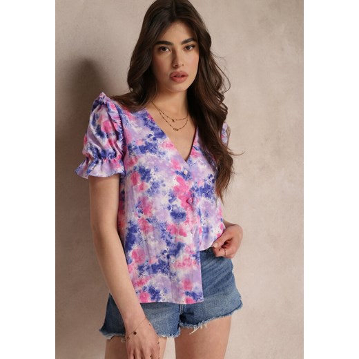 Fioletowa Koszula z Falbankami i Powlekanymi Guzikami Kageno ze sklepu Renee odzież w kategorii Koszule damskie - zdjęcie 157109775