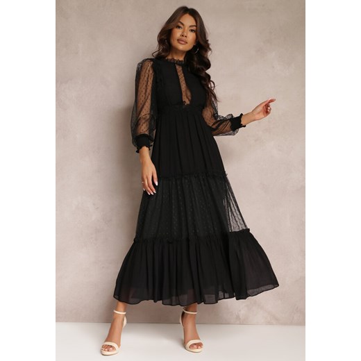 Czarna Sukienka z Bufiastym Rękawem Ozdobiona Tiulowymi Wstawkami Laluna ze sklepu Renee odzież w kategorii Sukienki - zdjęcie 157110055