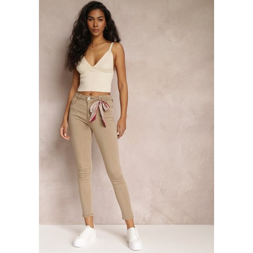 Beżowe Spodnie Skinny z Wysokim Stanem i Ozdobną Chustką Hyadia ze sklepu Renee odzież w kategorii Spodnie damskie - zdjęcie 157110175