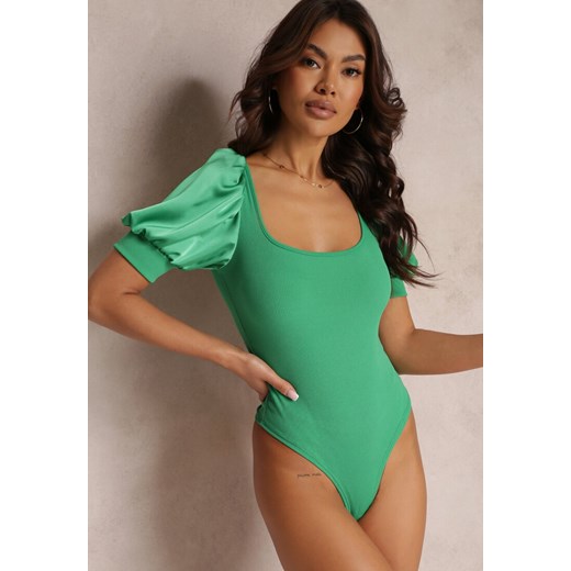 Zielone Body z Prążkowanej Dzianiny z Satynowymi Bufkami Agandra ze sklepu Renee odzież w kategorii Bluzki damskie - zdjęcie 157110226
