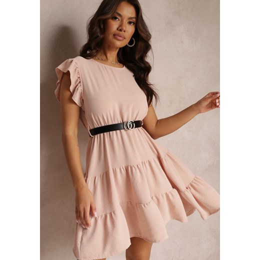 Jasnoróżowa Sukienka Mini z Falbankami Paskiem i Gumką w Talii Lavada Renee ONE SIZE okazja Renee odzież