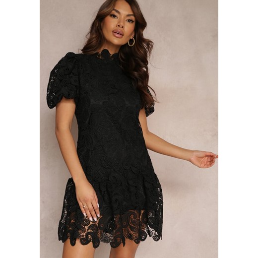 Czarna Sukienka z Koronkowym Haftem Paisley i Bufiastymi Rękawami Briena ze sklepu Renee odzież w kategorii Sukienki - zdjęcie 157110606