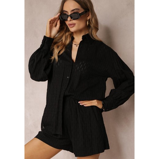 Czarny 2-częściowy Komplet z Elegancką Koszulą Oversize i Szortami Aphinthe ze sklepu Renee odzież w kategorii Komplety i garnitury damskie - zdjęcie 157110736