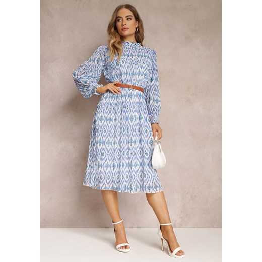 Niebieska Sukienka w Etno Wzór z Paskiem i Plisowaniem Dorisia ze sklepu Renee odzież w kategorii Sukienki - zdjęcie 157110906