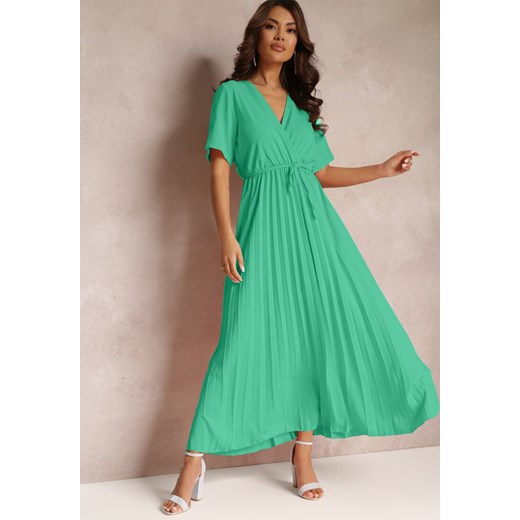 Zielona Rozkloszowana Sukienka Plisowana z Wiązanym Paskiem Eilemona ze sklepu Renee odzież w kategorii Sukienki - zdjęcie 157111386