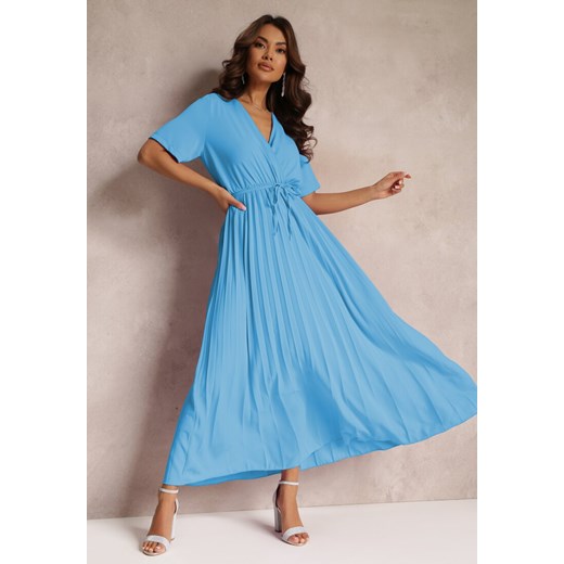 Niebieska Rozkloszowana Sukienka Plisowana z Wiązanym Paskiem Eilemona ze sklepu Renee odzież w kategorii Sukienki - zdjęcie 157111396