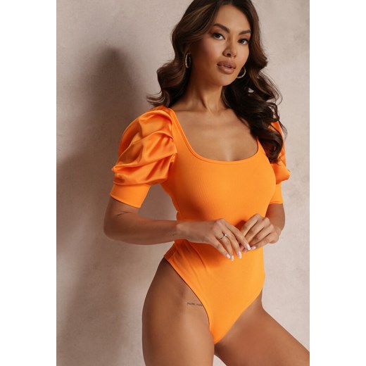 Pomarańczowe Prążkowane Body z Bufiastymi Krótkimi Rękawami Mekene ze sklepu Renee odzież w kategorii Bluzki damskie - zdjęcie 157111525