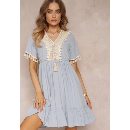 Niebieska Sukienka Mini z Gumką w Talii i Ozdobną Taśmą z Cekiniami Ofelifia ze sklepu Renee odzież w kategorii Sukienki - zdjęcie 157111688