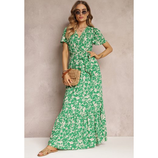 Zielona Długa Sukienka w Kwiaty z Gumką w Talii z Wiskozy Lydiza ze sklepu Renee odzież w kategorii Sukienki - zdjęcie 157111768