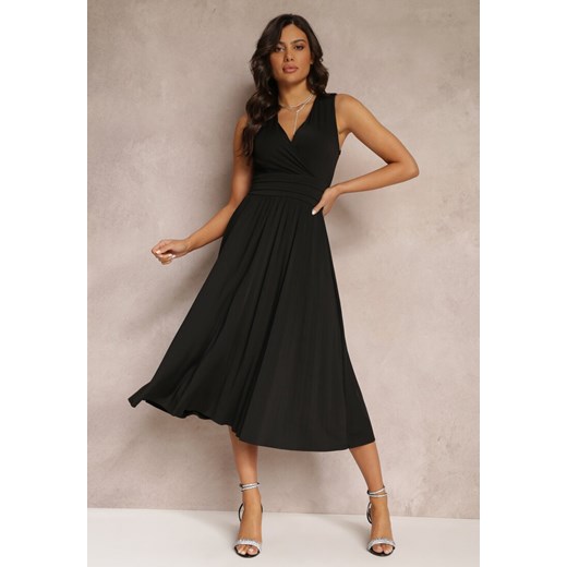 Czarna Sukienka z Kopertowym Dekoltem i Plisowanym Dołem Anamarie ze sklepu Renee odzież w kategorii Sukienki - zdjęcie 157111958