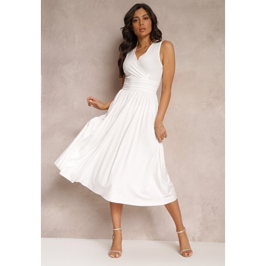 Biała Sukienka z Kopertowym Dekoltem i Plisowanym Dołem Anamarie ze sklepu Renee odzież w kategorii Sukienki - zdjęcie 157111969