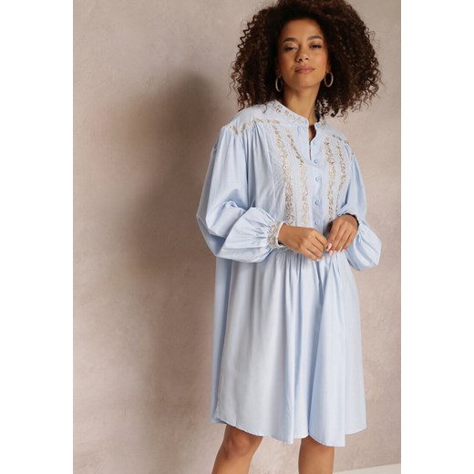 Niebieska Haftowana Sukienka Midi o Pudełkowym Fasonie z Długim Rękawem Rosen ze sklepu Renee odzież w kategorii Sukienki - zdjęcie 157112078