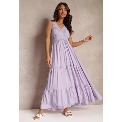 Fioletowa Rozkloszowana Sukienka Maxi z Szydełkowanymi Wstawkami Ylivea ze sklepu Renee odzież w kategorii Sukienki - zdjęcie 157112267