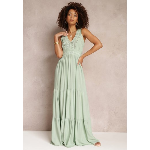 Zielona Rozkloszowana Sukienka Maxi z Szydełkowanymi Wstawkami Ylivea ze sklepu Renee odzież w kategorii Sukienki - zdjęcie 157112277