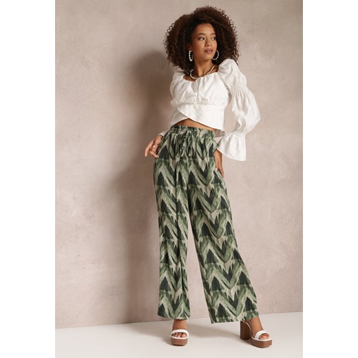 Zielone Szerokie Spodnie z Gumką i Wiązaniem w Talii Vayolet ze sklepu Renee odzież w kategorii Spodnie damskie - zdjęcie 157112417