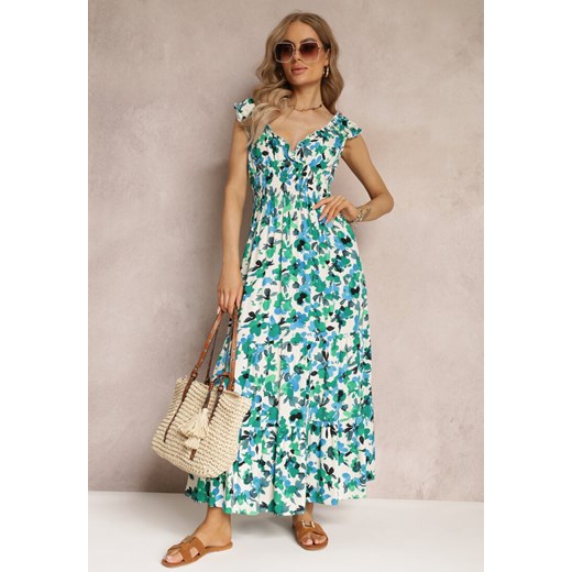 Zielona Kopertowa Sukienka Maxi w Kwiaty z Gumką w Pasie z Wiskozy Marielys ze sklepu Renee odzież w kategorii Sukienki - zdjęcie 157112478