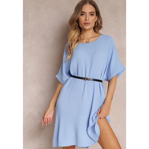 Niebieska Sukienka Mini Plisowana z Paskiem z Imitacji Skóry Dasima ze sklepu Renee odzież w kategorii Sukienki - zdjęcie 157112667