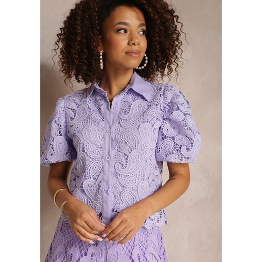 Fioletowa Koszula Koronkowa z Krótkim i Bufiastym Rękawem Elinie ze sklepu Renee odzież w kategorii Koszule damskie - zdjęcie 157112967