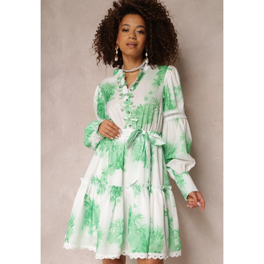 Zielona Rozkloszowana Sukienka Mini z Gumką w Talii i Kokardkami Leenona ze sklepu Renee odzież w kategorii Sukienki - zdjęcie 157113766