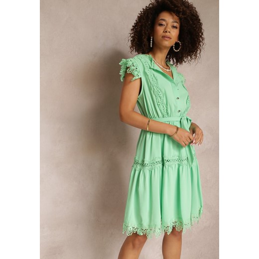 Zielona Sukienka Rozkloszowana z Wiązanym Paskiem i Koronką Oninka ze sklepu Renee odzież w kategorii Sukienki - zdjęcie 157113776