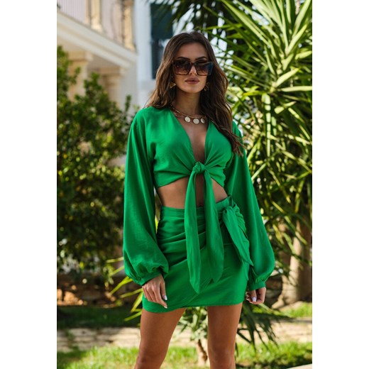 Zielony 2-częściowy Komplet Casual z Bluzką i Spódnicą Mini Udekorowanych Wiązaniem Beasia ze sklepu Renee odzież w kategorii Komplety i garnitury damskie - zdjęcie 157116239