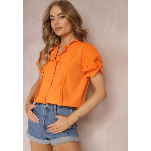 Pomarańczowa Koszula z Bufiastymi Rękawami i Koronkowymi Wstawkami Rathima ze sklepu Renee odzież w kategorii Koszule damskie - zdjęcie 157119909
