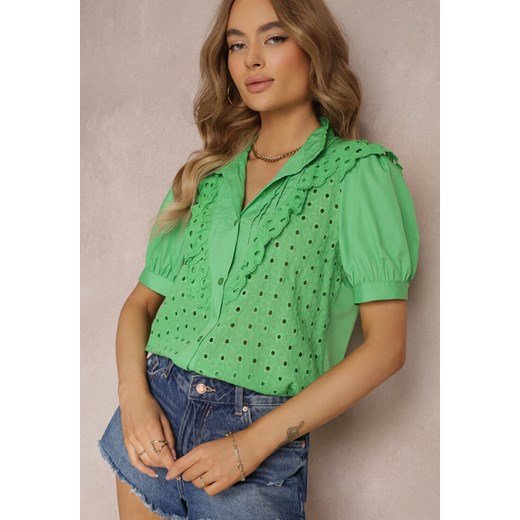Zielona Koszula z Koronkowej Tkaniny z Haftem i Stójką Mardellia ze sklepu Renee odzież w kategorii Koszule damskie - zdjęcie 157119949