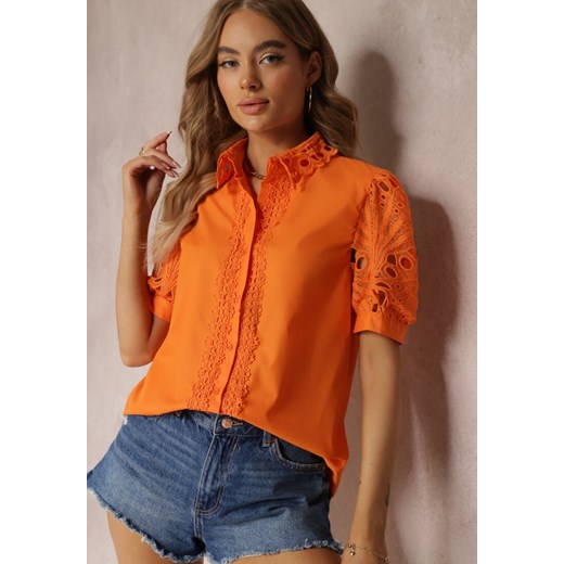 Pomarańczowa Koszula z Ozdobnym Kołnierzem i Rękawami z Koronkowymi Wstawkami Brixta ze sklepu Renee odzież w kategorii Koszule damskie - zdjęcie 157119979
