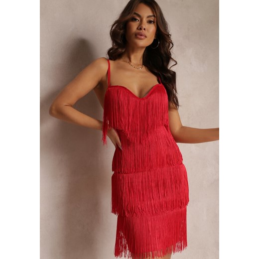 Czerwona Dopasowana Sukienka z Frędzlami i Regulowanymi Ramiączkami Losani ze sklepu Renee odzież w kategorii Sukienki - zdjęcie 157124367
