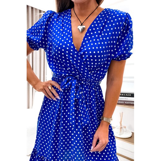 SUKIENKA MINI W KROPKI Z KOPERTOWYM DEKOLTEM- NIEBIESKA Olika XL/XXL olika.com.pl