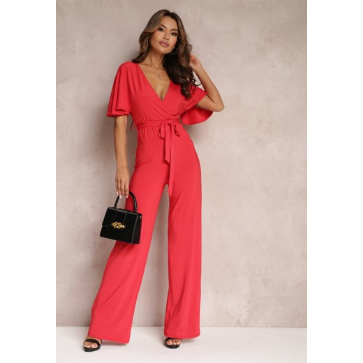 Czerwony Długi Kombinezon z Wiązaniem i Głębokim Kopertowym Dekoltem Sumya ze sklepu Renee odzież w kategorii Kombinezony damskie - zdjęcie 157134228