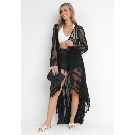 Czarna Asymetryczna Narzutka Sukienka Maxi z Głębokim Dekoltem z Koronkowej Tkaniny Itzamara ze sklepu Born2be Odzież w kategorii Odzież plażowa - zdjęcie 157159865