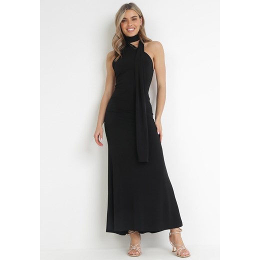 Czarna Dopasowana Sukienka Maxi z Ozdobnym Wiązaniem Emelinta ze sklepu Born2be Odzież w kategorii Sukienki - zdjęcie 157160027