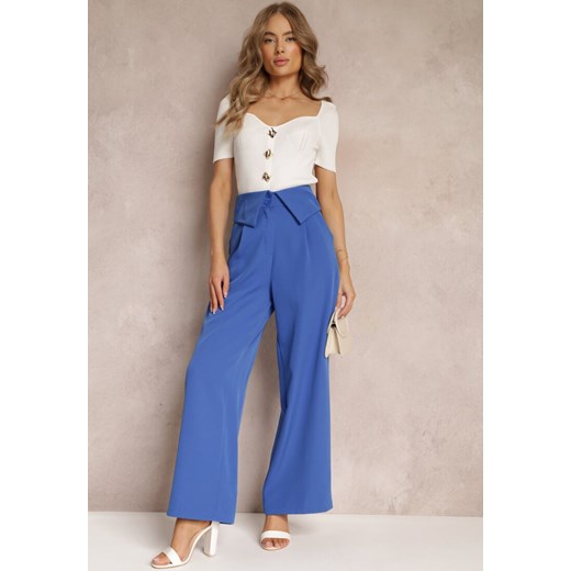 Granatowe Szerokie Spodnie z Wysokim Stanem i Kieszeniami Callista ze sklepu Renee odzież w kategorii Spodnie damskie - zdjęcie 157229935