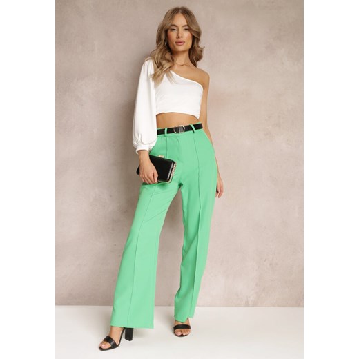 Zielone Szerokie Spodnie z Wysokim Stanem i Paskiem z Ozdobną Klamrą Lilura ze sklepu Renee odzież w kategorii Spodnie damskie - zdjęcie 157229965