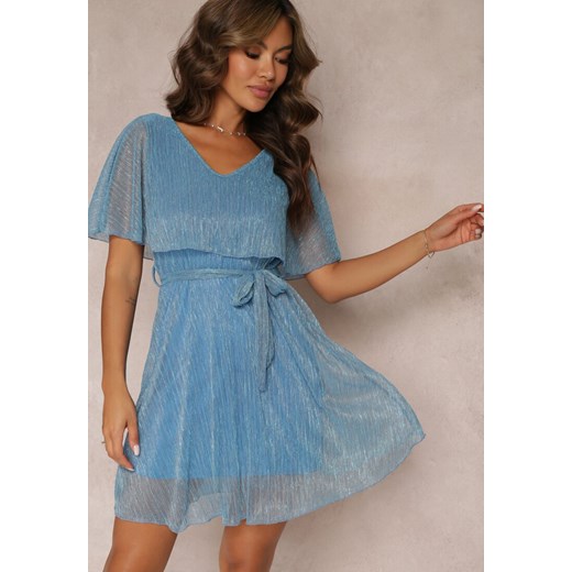 Niebieska Sukienka Mini z Metaliczną Nitką i Gumką w Pasie Eullas ze sklepu Renee odzież w kategorii Sukienki - zdjęcie 157230138