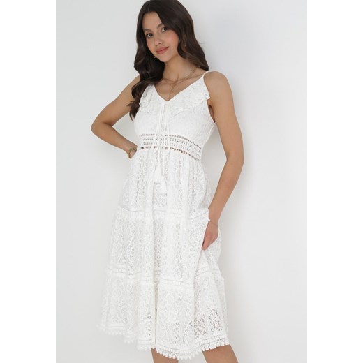 Biała Sukienka Midi na Ramiączkach z Falbankami z Koronkowej Tkaniny Cillaia ze sklepu Born2be Odzież w kategorii Sukienki - zdjęcie 157230619