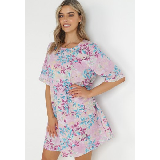 Fioletowa Trapezowa Sukienka Mini z Wiskozy w Kwiaty Donnia ze sklepu Born2be Odzież w kategorii Sukienki - zdjęcie 157233578