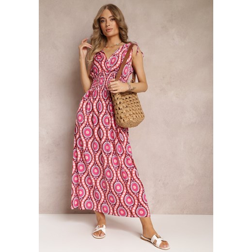 Różowa Rozkloszowana Sukienka z Wiskozy w Fantazyjny Print Karlene ze sklepu Renee odzież w kategorii Sukienki - zdjęcie 157234059