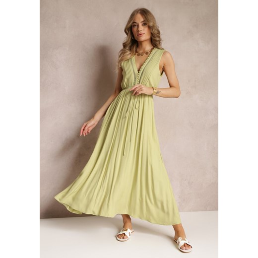 Zielona Rozkloszowana Sukienka Maxi z Gumką w Talii i Ozdobnymi Guzikami z Wiskozy Vianna ze sklepu Renee odzież w kategorii Sukienki - zdjęcie 157234388