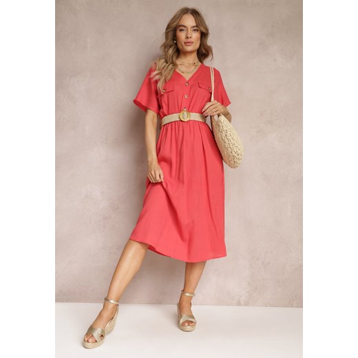Czerwona Koszulowa Sukienka Midi z Bawełny z Gumką w Talii i Plecionym Paskiem Emera ze sklepu Renee odzież w kategorii Sukienki - zdjęcie 157234505