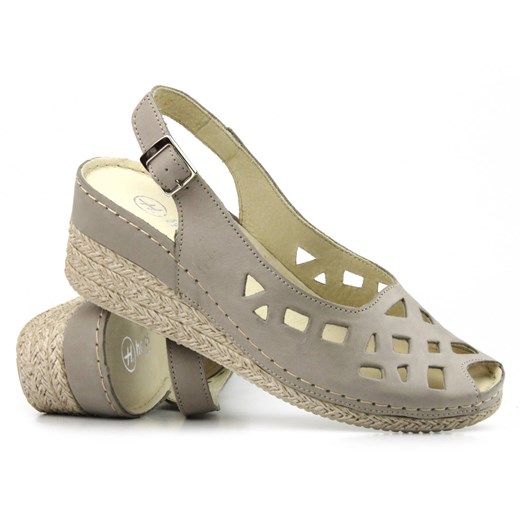 Skórzane sandały damskie na koturnie - HELIOS Komfort 110, szare ze sklepu ulubioneobuwie w kategorii Espadryle damskie - zdjęcie 157251278