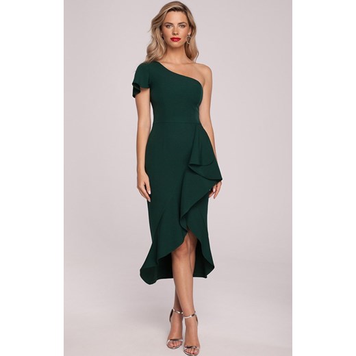 Sukienka na jedno ramię z falbaną w kolorze butelkowej zieleni K146, Kolor zielony, Rozmiar L, makover ze sklepu Primodo w kategorii Sukienki - zdjęcie 157280365