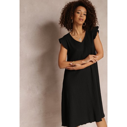 Czarna Sukienka Midi Trapezowa z Materiału z Ozdobnym Tłoczeniem Emlia ze sklepu Renee odzież w kategorii Sukienki - zdjęcie 157288646