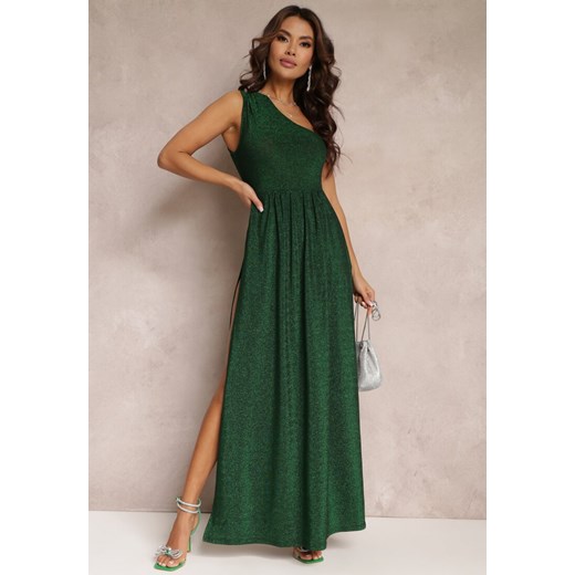 Zielona Brokatowa Sukienka Maxi z Asymetryczną Górą i Rozkloszowanym Dołem Eulita ze sklepu Renee odzież w kategorii Sukienki - zdjęcie 157297275